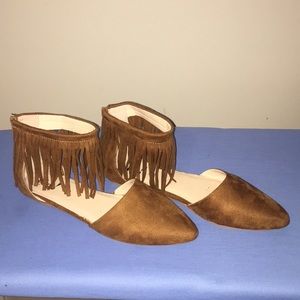 Rue 21 tan, fringe flats